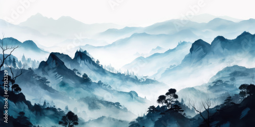 Chinese or Japanese Blue Mountains, Watercolor. Landscape of foggy mountains in the early morning. Mountain scenery
