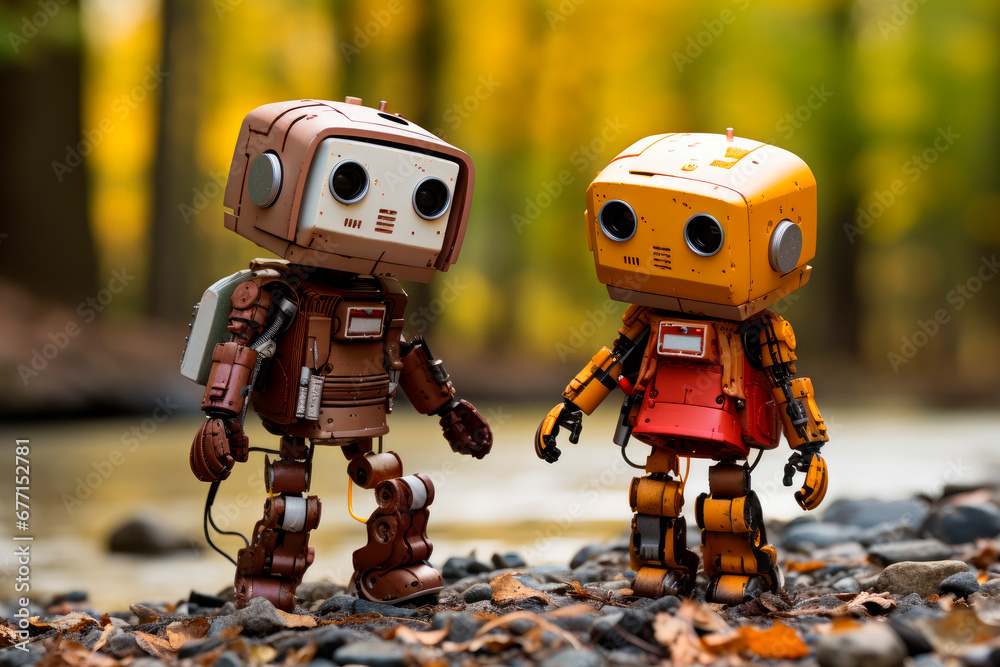 Two cute robots with a backpacks walking at autumn park. Robots communication, artificial intelligence concept. Two cute robots with a backpacks walking at autumn park. Robots communication, artificial intelligence concept.
