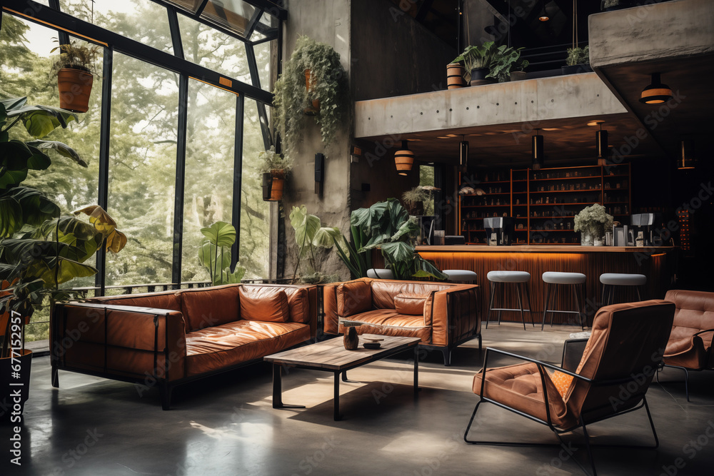 Interior of modern coffee shop with brown leather sofas and wooden tables