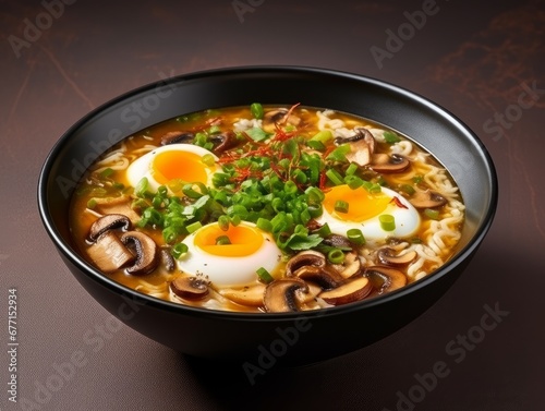 Ramen soup with mushrooms and eggs isolated on a black background