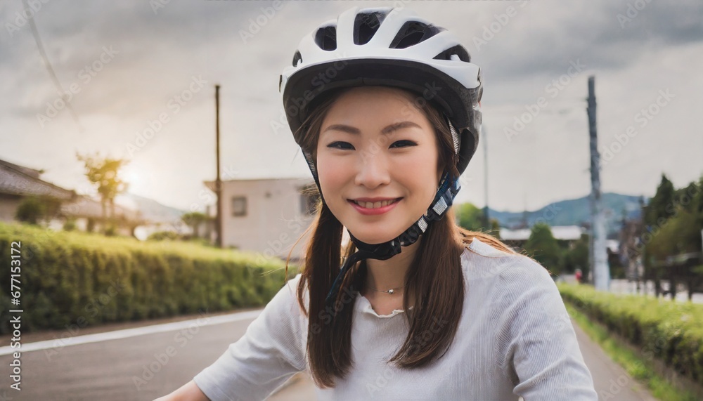 サイクリングヘルメットを被る若い女性 サイクリングヘルメットを被る若い女性