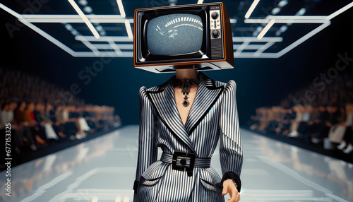 A high-fashion female model with a television for a head, Tv head, Retro style