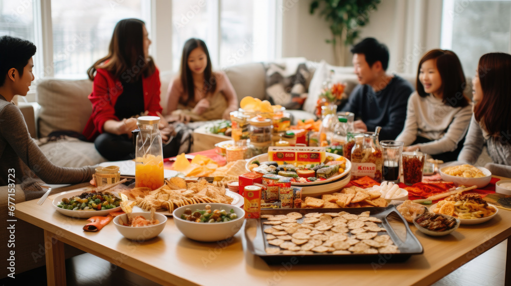 Happy families with snack at home in Chinese lunar New Year