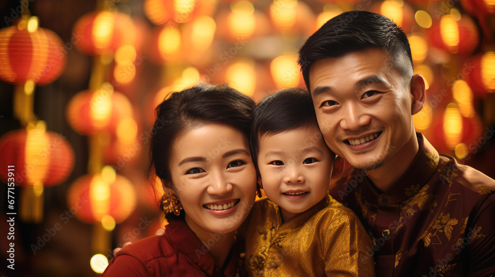Family photo, Chinese family wearing red traditional clothing in Chinese lunar New Year background Family photo, Chinese family wearing red traditional clothing in Chinese lunar New Year background