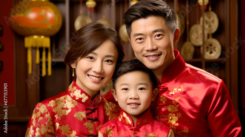 Family photo, Chinese family wearing red traditional clothing in Chinese lunar New Year background