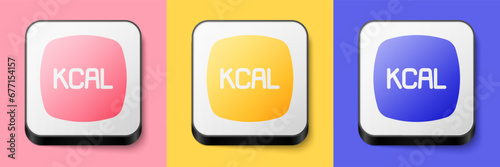 Isometric Kcal icon isolated on isolated on pink, yellow and blue background. Health food. Square button. Vector
