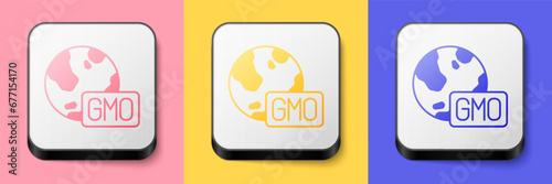 Isometric GMO icon isolated on pink, yellow and blue background. Genetically modified organism acronym. Dna food modification. Square button. Vector
