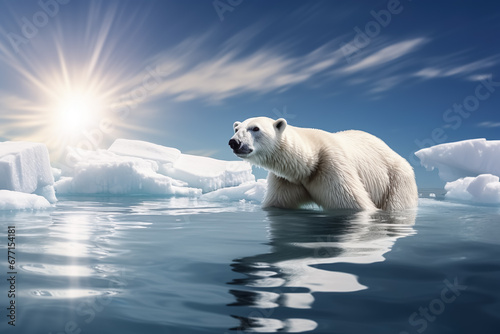 Global warming or climate change concepts with north pole ice melting.ozone environment and polar bear animal life.greenhouse effect.save the world for future living