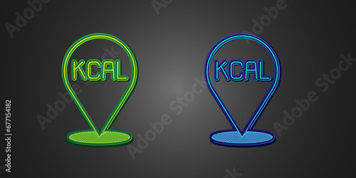 Green and blue Kcal icon isolated on isolated on black background. Health food. Vector