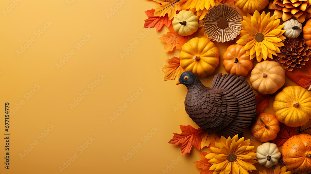 Thanksgiving Creative Illustration for your website banner with Turkey, Autumn Colors, copy space, colorful background, minimalist, warm and cozy, Celebrate the Fall Season with Gratitude