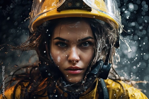 Courageous woman firefighter in full protective gear, confidently standing ready for action with a determined expression © AI Farm