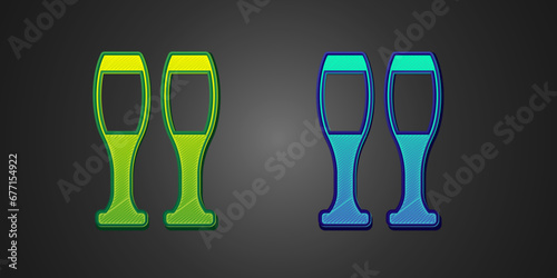 Green and blue Bowling pin icon isolated on black background. Juggling clubs, circus skittles. Vector