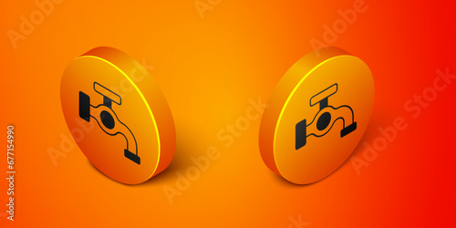Isometric Water tap icon isolated on orange background. Orange circle button. Vector © Iryna
