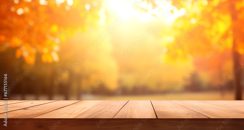 The empty wooden table top with blur background of autumn. Exuberant image. autumn landscape. Concept Autumn nature and product advertising. soft focus background. copy space.
