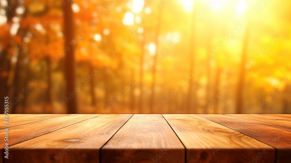 The empty wooden table top with blur background of autumn. Exuberant image. autumn landscape. Concept Autumn nature and product advertising. soft focus background. copy space.
The empty wooden table top with blur background of autumn. Exuberant image. autumn landscape. Concept Autumn nature and product advertising. soft focus background. copy space.