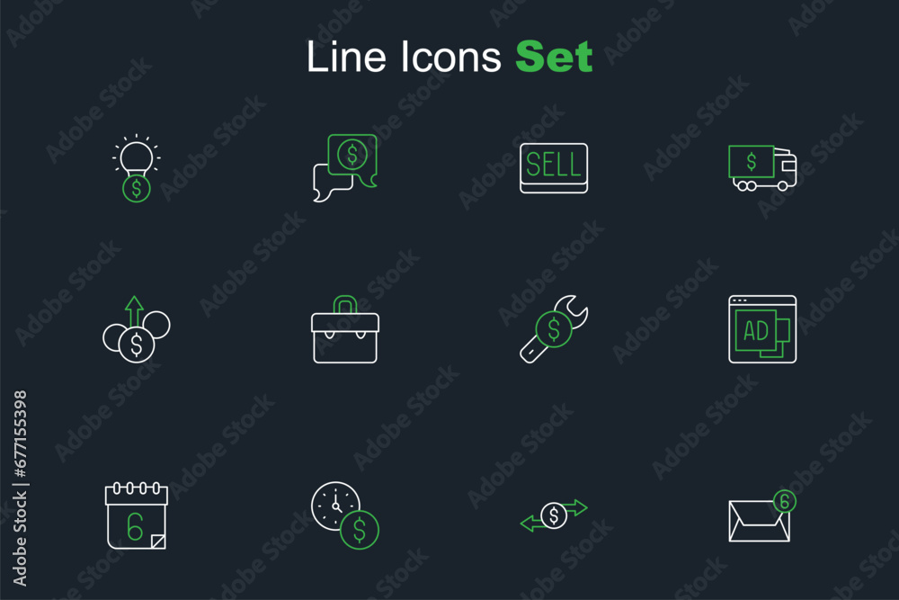 Set line Mail and e-mail, Money exchange, Time is money, Calendar, Advertising, Repair price, Briefcase and Financial growth dollar icon. Vector Set line Mail and e-mail, Money exchange, Time is money, Calendar, Advertising, Repair price, Briefcase and Financial growth dollar icon. Vector