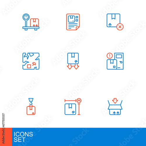 Set line Carton cardboard box, Cardboard measurement, Crane with, Home delivery services, Broken, traffic symbol, and Waybill icon. Vector