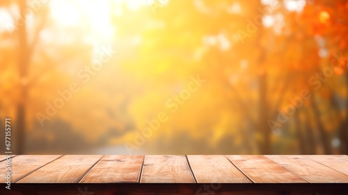 Concept Autumn nature and product advertising. copy space. The empty rustic wooden table for product display with blur background of autumn forest. Exuberant image. . background of autumn landscape.