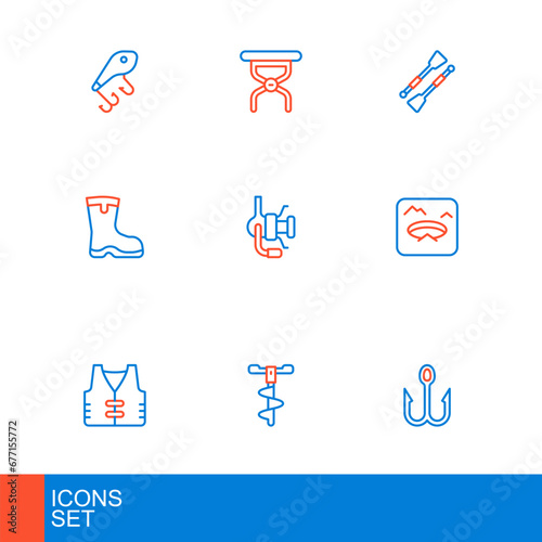 Set line Fishing hook, Hand ice drill, jacket, Winter fishing, boots, Spinning reel for, Oars paddles boat and Camping folding chair icon. Vector