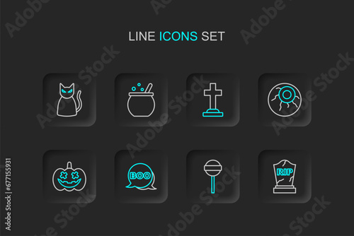 Set line Tombstone with RIP written, Lollipop, Boo speech bubble, Pumpkin, Eye, cross, Halloween witch cauldron and Black cat icon. Vector