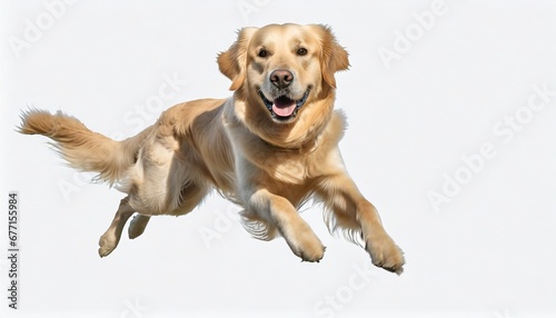 Golden Retriever dog jumping on an isolated white background