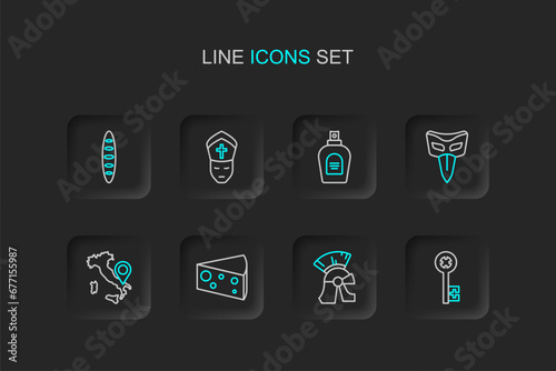 Set line Old key, Roman army helmet, Cheese, Map of Italy, Carnival mask, Perfume, Pope and French baguette bread icon. Vector