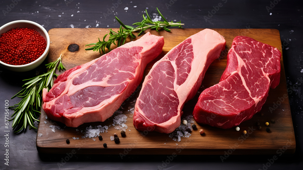 Variety of fresh Black Angus Prime raw beef steaks
