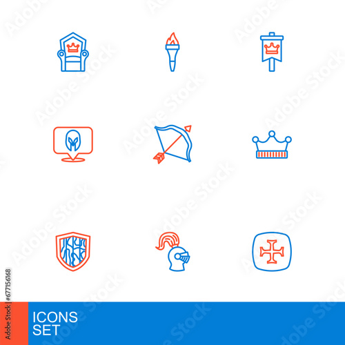 Set line Crusade, Medieval helmet, Shield, King crown, bow and arrow, flag and Torch flame icon. Vector