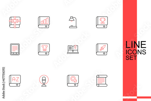 Set line Decree, parchment, scroll, Book about women, Microphone, Translator book, weapon, Open, History and E-Book reader icon. Vector