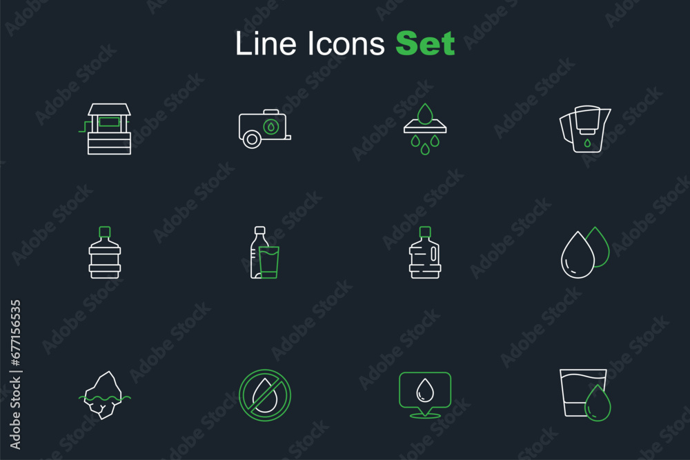 Set line Glass with water, Water drop location, forbidden, Iceberg, Big bottle clean, Bottle of glass and icon. Vector Set line Glass with water, Water drop location, forbidden, Iceberg, Big bottle clean, Bottle of glass and icon. Vector
