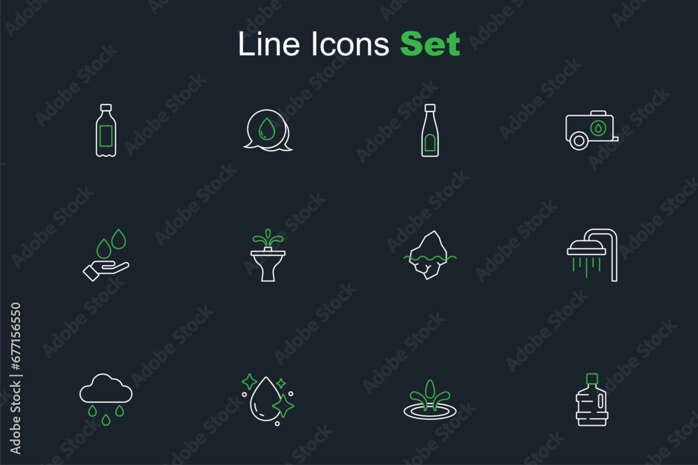 Set line Big bottle with clean water, Water drop, Cloud rain, Shower, Iceberg, Fountain and Washing hands soap icon. Vector