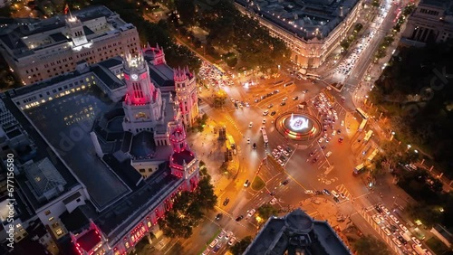 Aerial view of CentroCentro with red-lit tower in Madrid at night. center of the capital of Spain in night illumination. photo