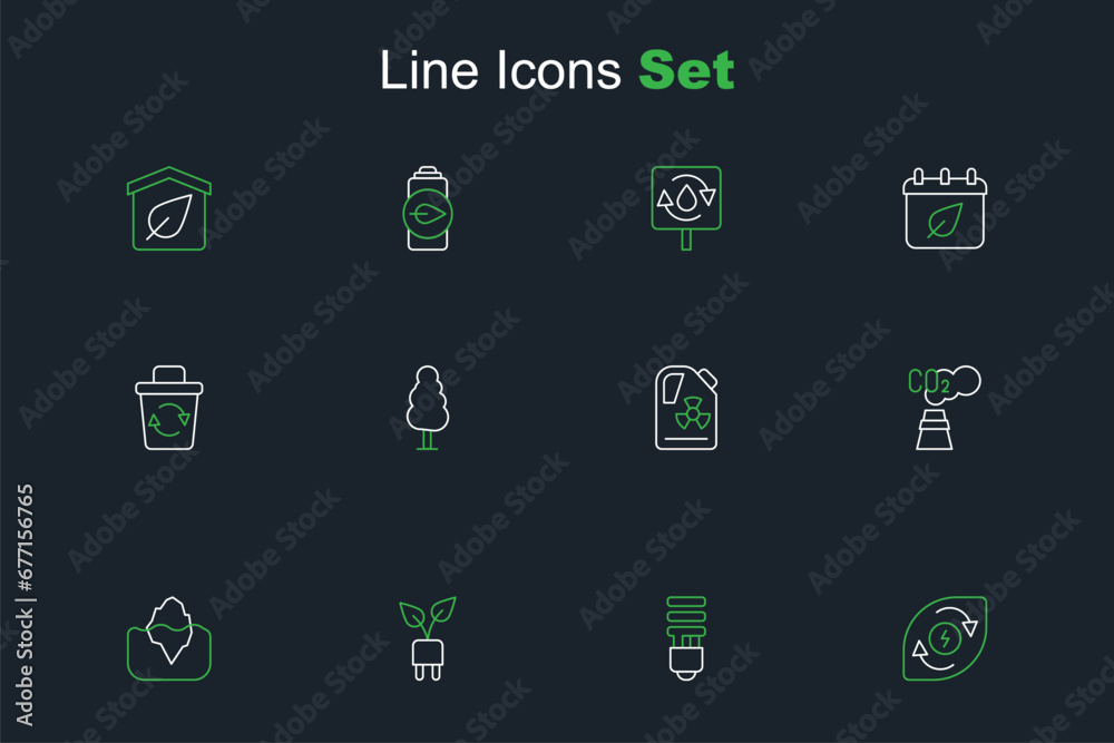 Set line Water energy, LED light bulb, Electric saving plug in leaf, Iceberg, CO2 emissions cloud, Radioactive waste barrel, Tree and Recycle bin icon. Vector Set line Water energy, LED light bulb, Electric saving plug in leaf, Iceberg, CO2 emissions cloud, Radioactive waste barrel, Tree and Recycle bin icon. Vector