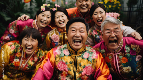 Excited Asian people wearing traditional clothing celebrating Chinese new year