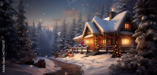 Cozy Snow-Covered Cabin in the Woods with Festive Decorations