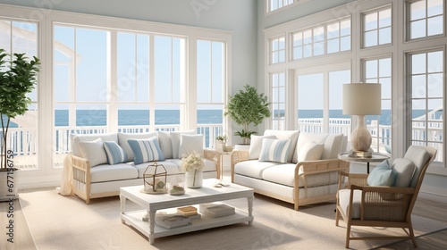 A coastal-inspired living room with nautical decor, light fabrics, and panoramic windows.