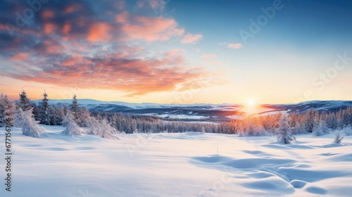 Tranquil winter sunrise with snow-covered trees and a vibrant sky.