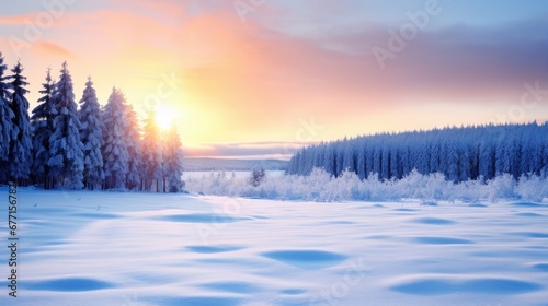 Soft sunset hues cast over a serene snow-blanketed forest.