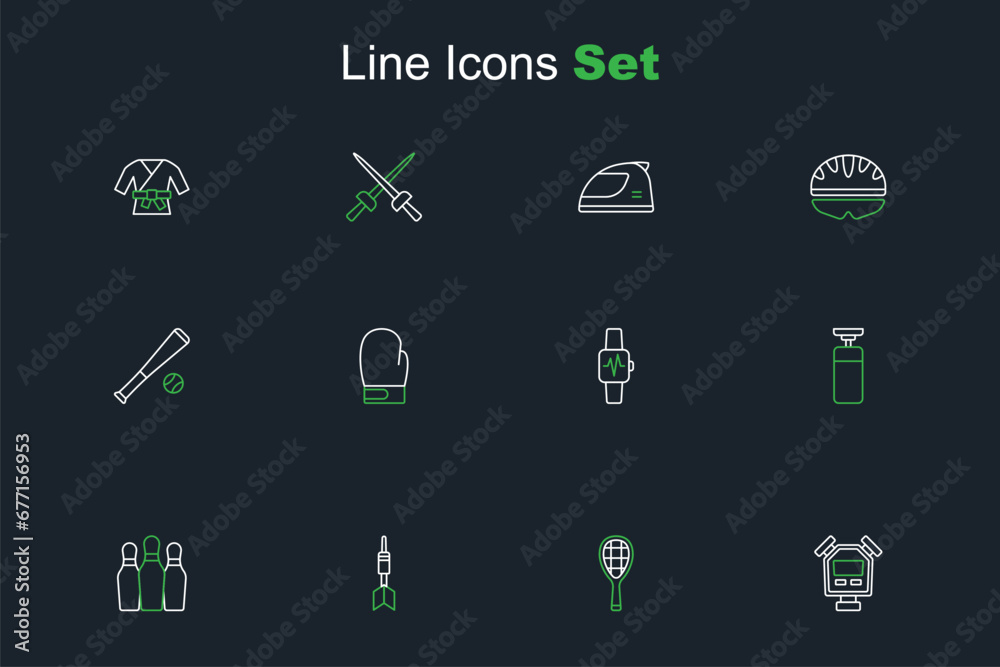 Set line Stopwatch, Tennis racket, Dart arrow, Bowling pin, Punching bag, Smart with heart, Boxing glove and Baseball bat ball icon. Vector Set line Stopwatch, Tennis racket, Dart arrow, Bowling pin, Punching bag, Smart with heart, Boxing glove and Baseball bat ball icon. Vector