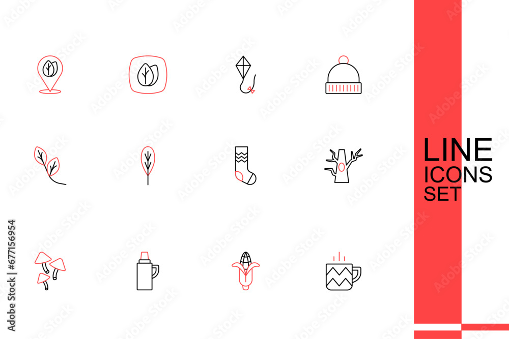 Set line Cup of tea, Corn, Thermos container, Mushroom, Bare tree, Socks, Leaf and icon. Vector Set line Cup of tea, Corn, Thermos container, Mushroom, Bare tree, Socks, Leaf and icon. Vector