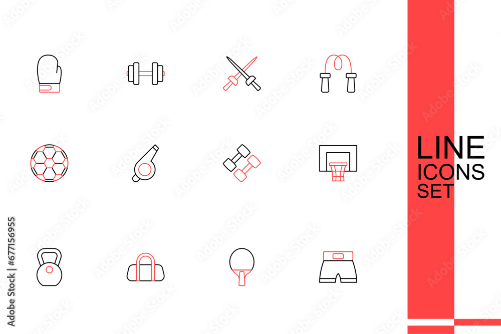 Set line Boxing short, Racket, Sport bag, Weight, Basketball backboard, Dumbbell, Whistle and Soccer football icon. Vector Set line Boxing short, Racket, Sport bag, Weight, Basketball backboard, Dumbbell, Whistle and Soccer football icon. Vector