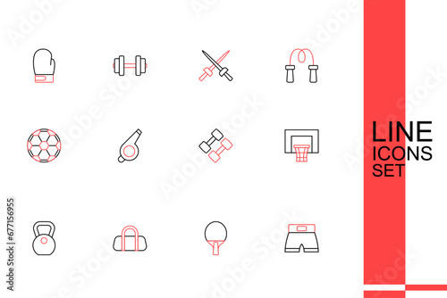 Set line Boxing short, Racket, Sport bag, Weight, Basketball backboard, Dumbbell, Whistle and Soccer football icon. Vector