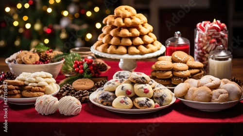 Festive Christmas cookie assortment on a table with holiday decorations and lights.