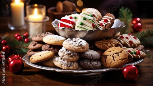 A cozy selection of Christmas cookies on a silver platter with festive decorations and candlelight.