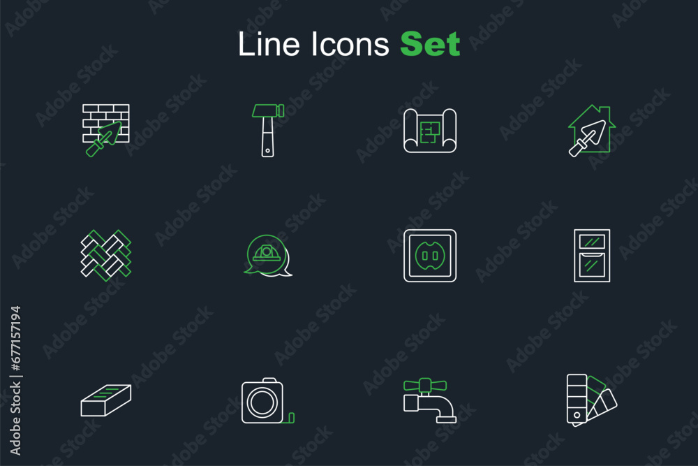 Set line Color palette guide, Water tap, Roulette construction, Brick, Hammer and wrench spanner, Electrical outlet, Worker safety helmet and Parquet icon. Vector Set line Color palette guide, Water tap, Roulette construction, Brick, Hammer and wrench spanner, Electrical outlet, Worker safety helmet and Parquet icon. Vector