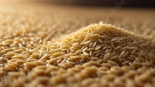Close up high resolution image of fresh and natural brown rice grains on the table. Generative AI.
