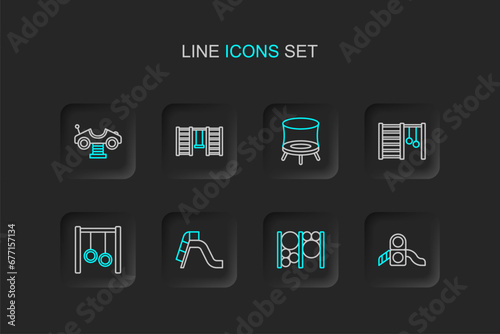Set line Slide playground, Playground climbing equipment, Gymnastic rings, Swedish wall, Jumping trampoline, and Swing car icon. Vector