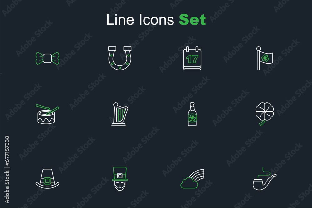 Set line Smoking pipe, Rainbow with cloud, Leprechaun, hat, Four leaf clover, Beer bottle, Harp and Drum drum sticks icon. Vector Set line Smoking pipe, Rainbow with cloud, Leprechaun, hat, Four leaf clover, Beer bottle, Harp and Drum drum sticks icon. Vector