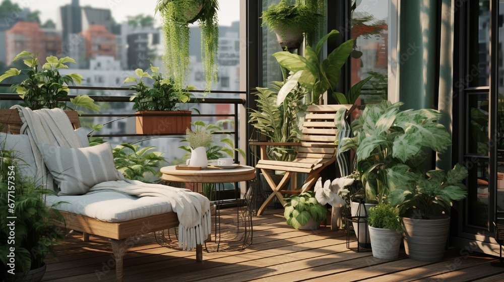 A contemporary balcony with potted plants, comfortable seating, and a small bistro table.