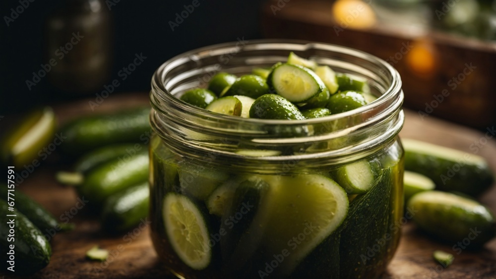 Close up high resolution image of a jar of fresh cucumber pickles. Generative AI. Close up high resolution image of a jar of fresh cucumber pickles. Generative AI.